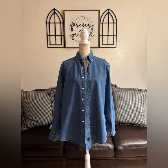Vintage Ralph Lauren Polo Country Blue Denim Button Down Shirt Size L Red Pony - Picture 10 of 12